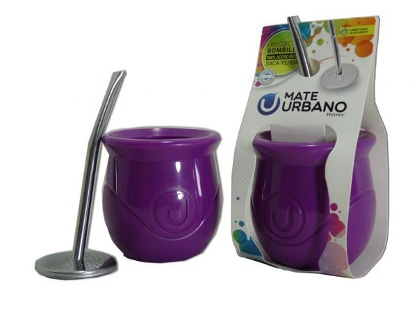 Mate urbano morado con bombilla Mate urbano de plástico color morado con bombilla